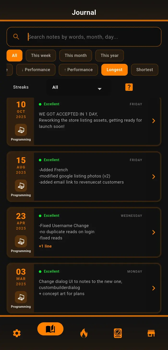 StreakRise journal with searchable notes